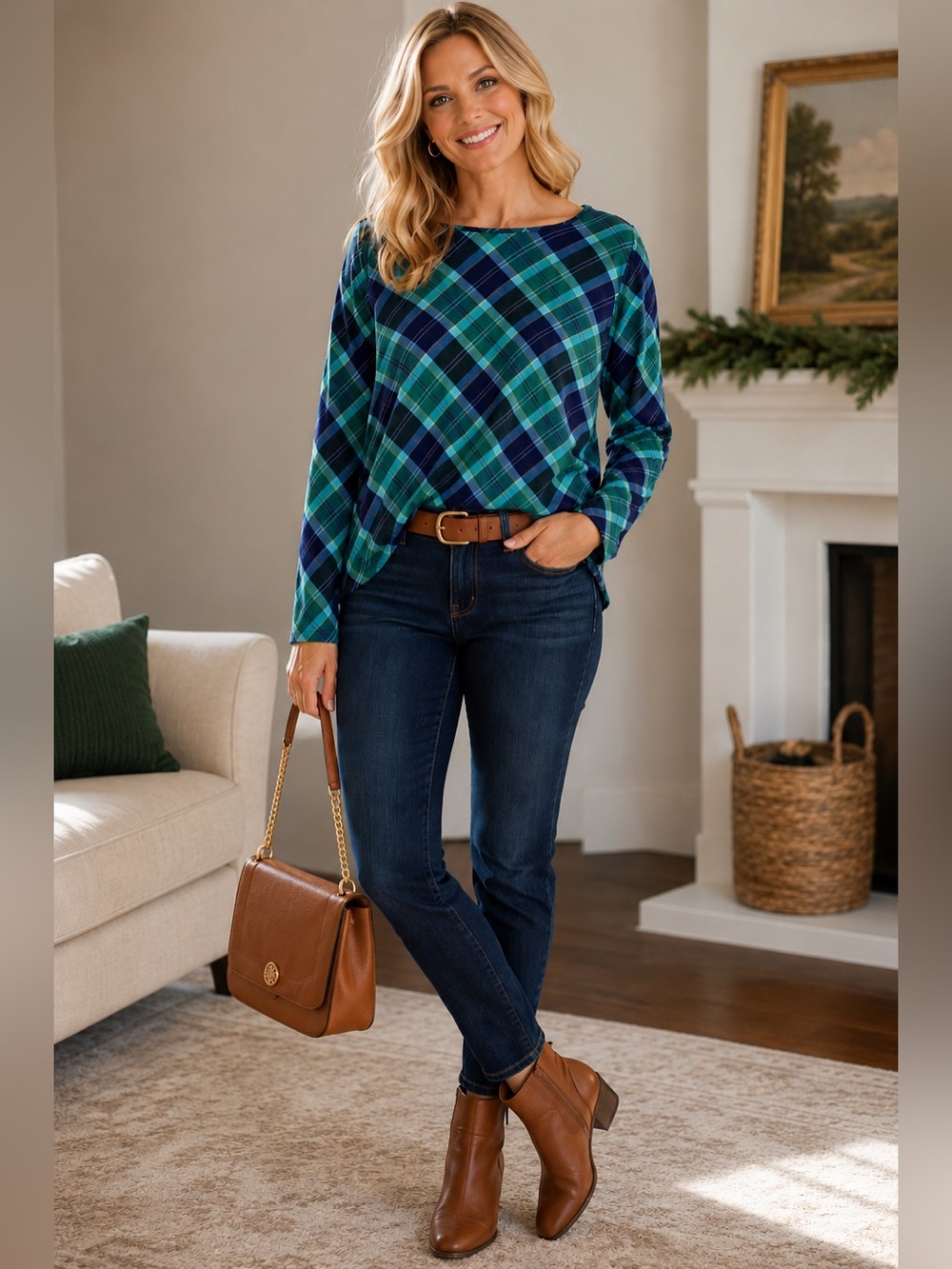 Talbots Blue Green Tartan Plaid Long Sleeve Classic Holiday Preppy Top SZ Petite
